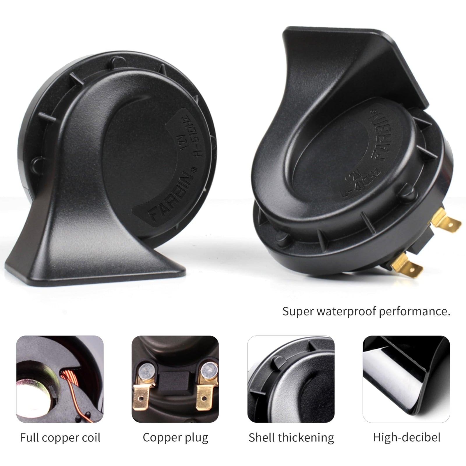 12V Dual-Tone Electric Snail Car Horn Kit Black Loud Waterproof Universal Trend Times 3