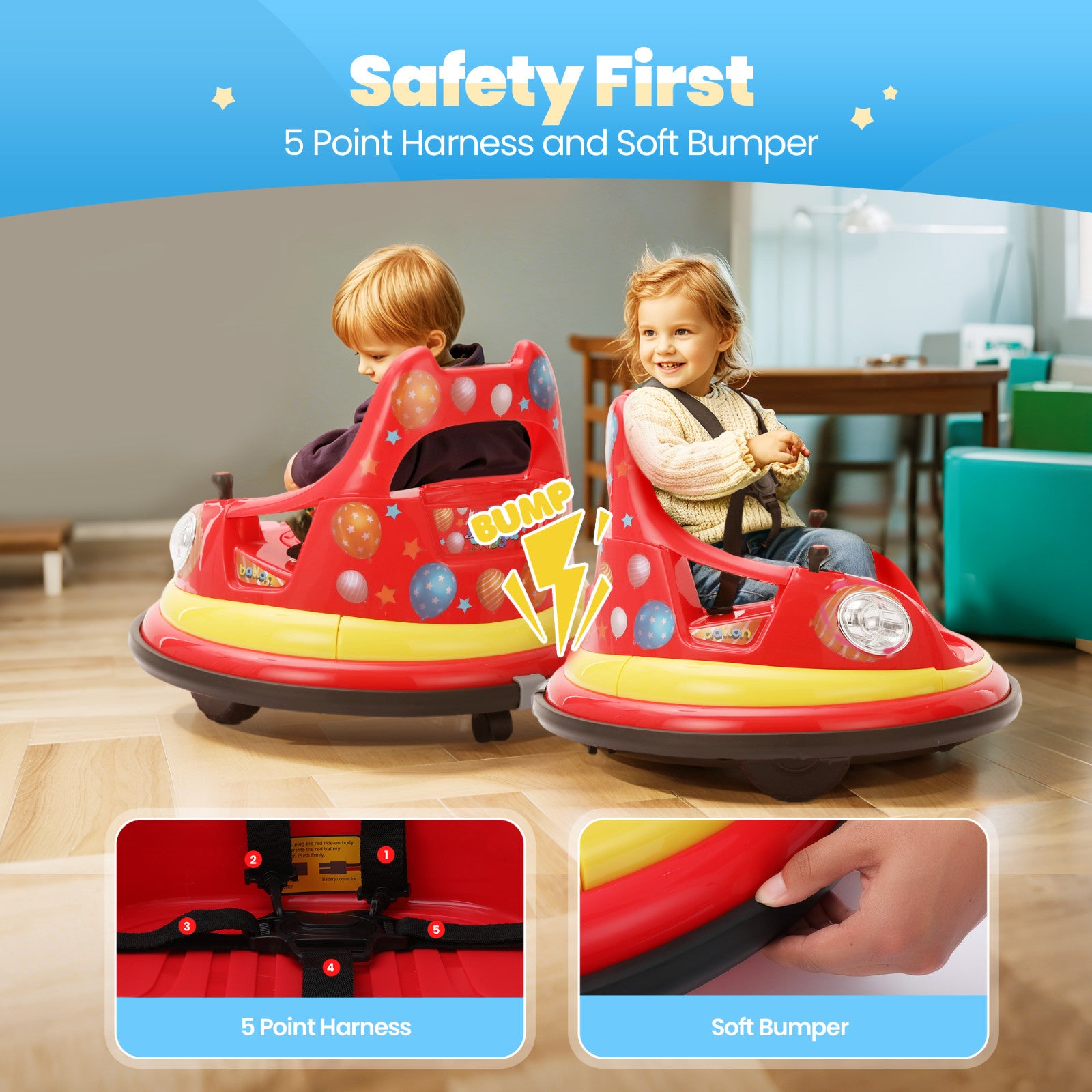 12V Electric Bumper Car for Kids Ages 1.5-6 with Remote Control and DIY Stickers Trend Times 3