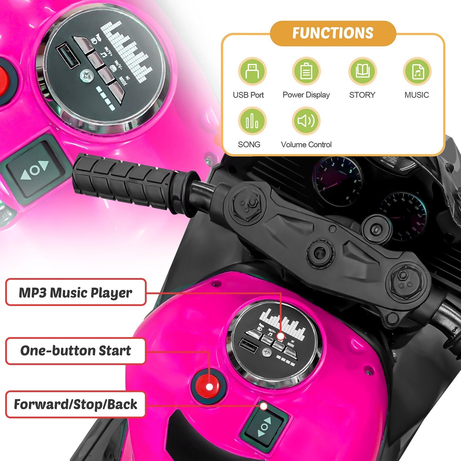 12V Electric Ride-On Motorcycle for Kids with Lights, Wheels, and Bluetooth Music Trend Times 6