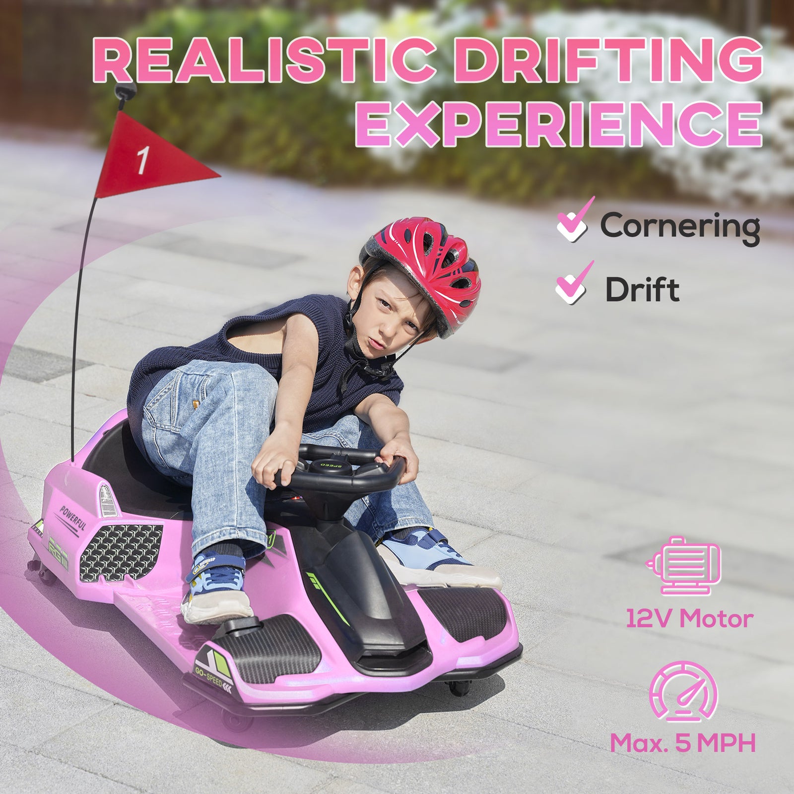 12V Electric Drift Go-Kart with Slow Start, 1.9-5 MPH Ride-On Car for Kids 8-12 Years Trend Times 3