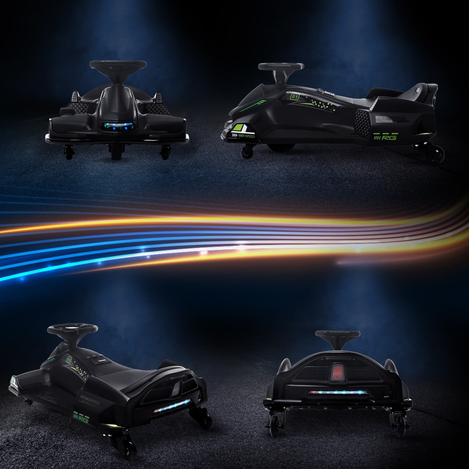 12V Electric Drifting Go-Kart with Slow Start, Music, and Lights in Black Trend Times 10