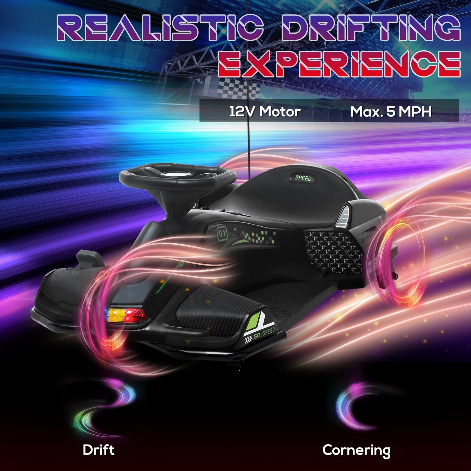 12V Electric Drifting Go-Kart with Slow Start, Music, and Lights in Black Trend Times 4