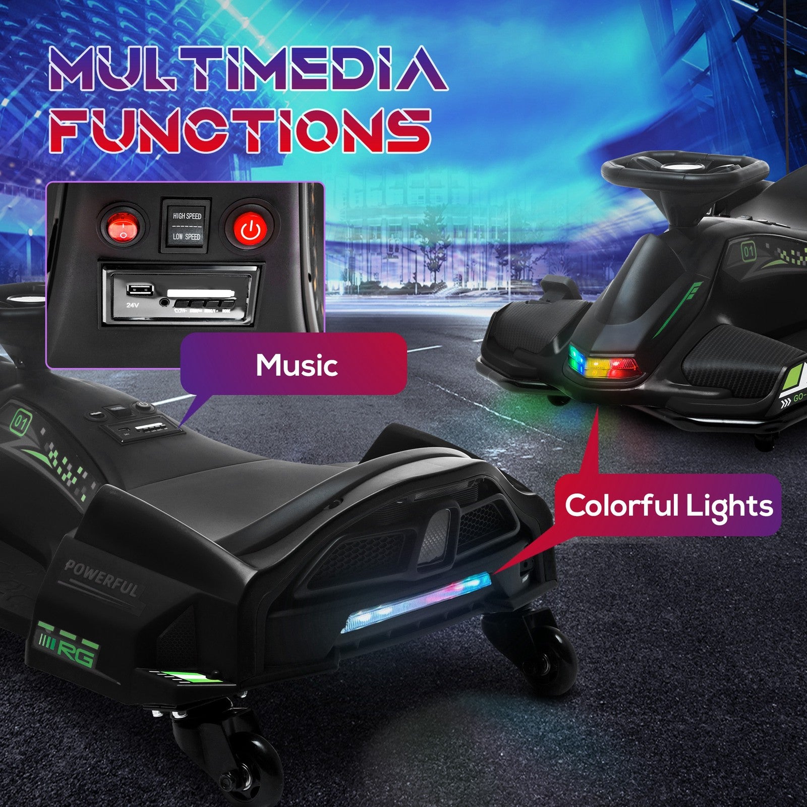 12V Electric Drifting Go-Kart with Slow Start, Music, and Lights in Black Trend Times 5