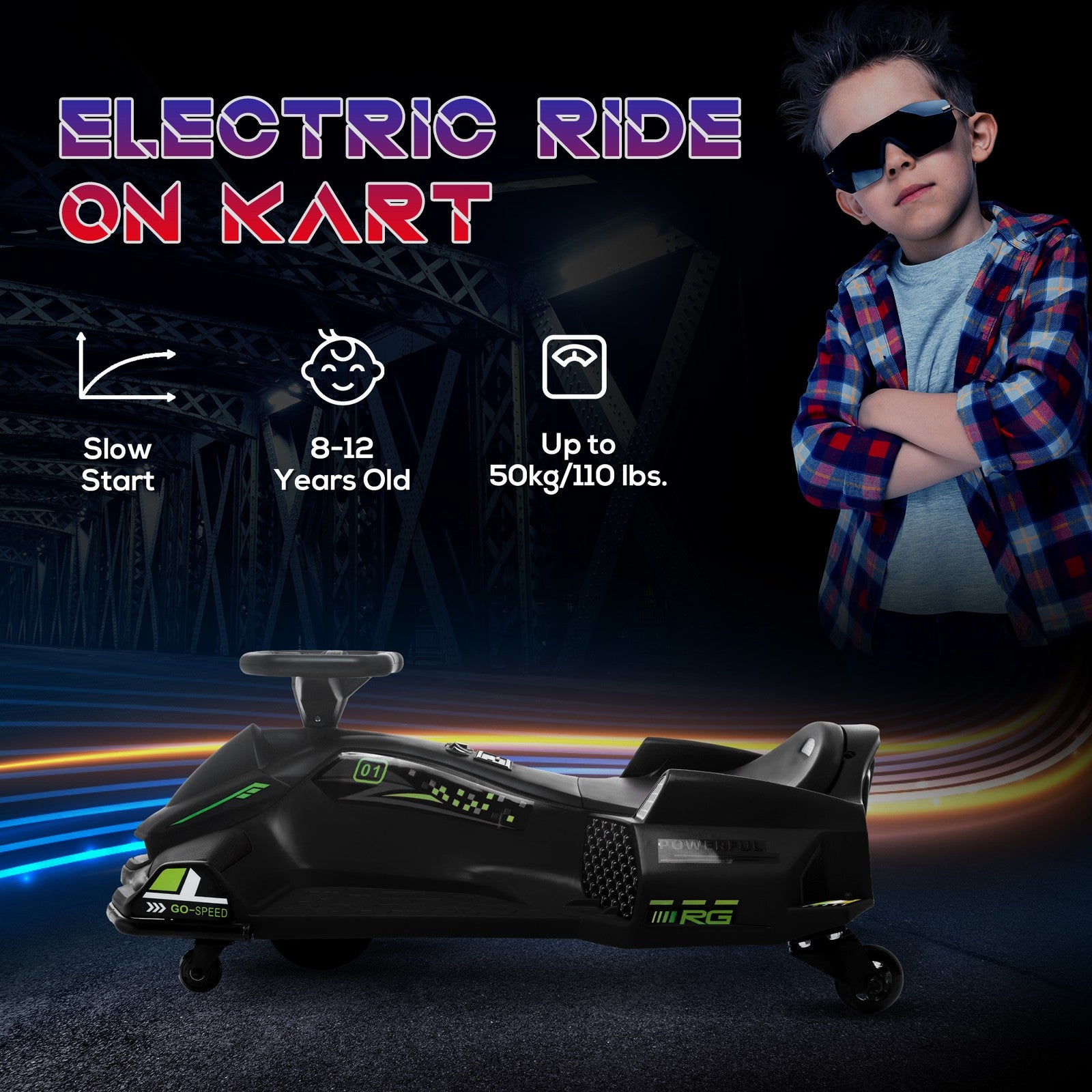 12V Electric Drifting Go-Kart with Slow Start, Music, and Lights in Black Trend Times 7