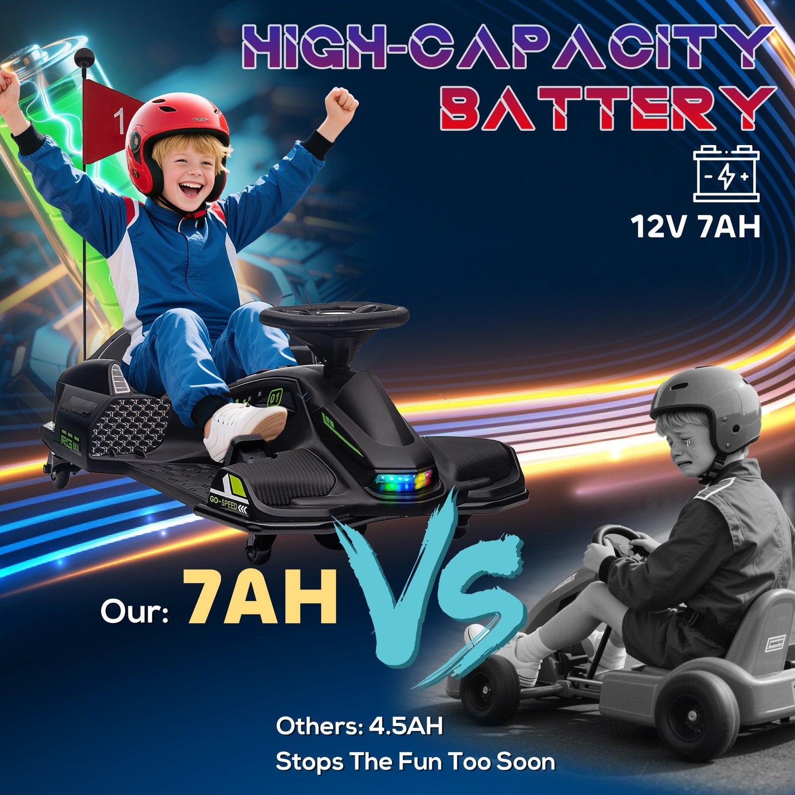 12V Electric Drifting Go-Kart with Slow Start, Music, and Lights in Black Trend Times 9