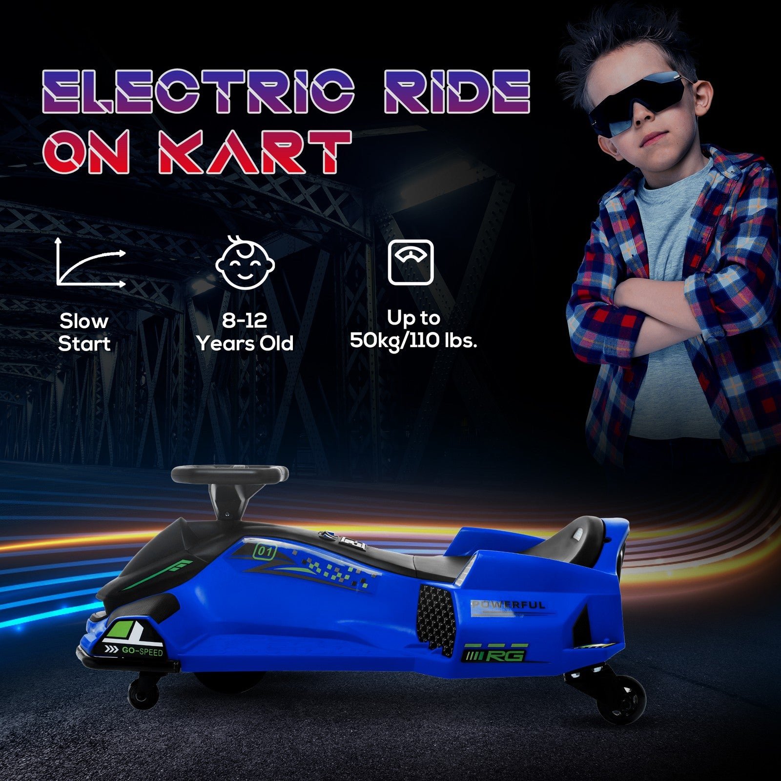 12V Electric Drifting Go-Kart with Slow Start, Music, and Lights in Blue Trend Times 7