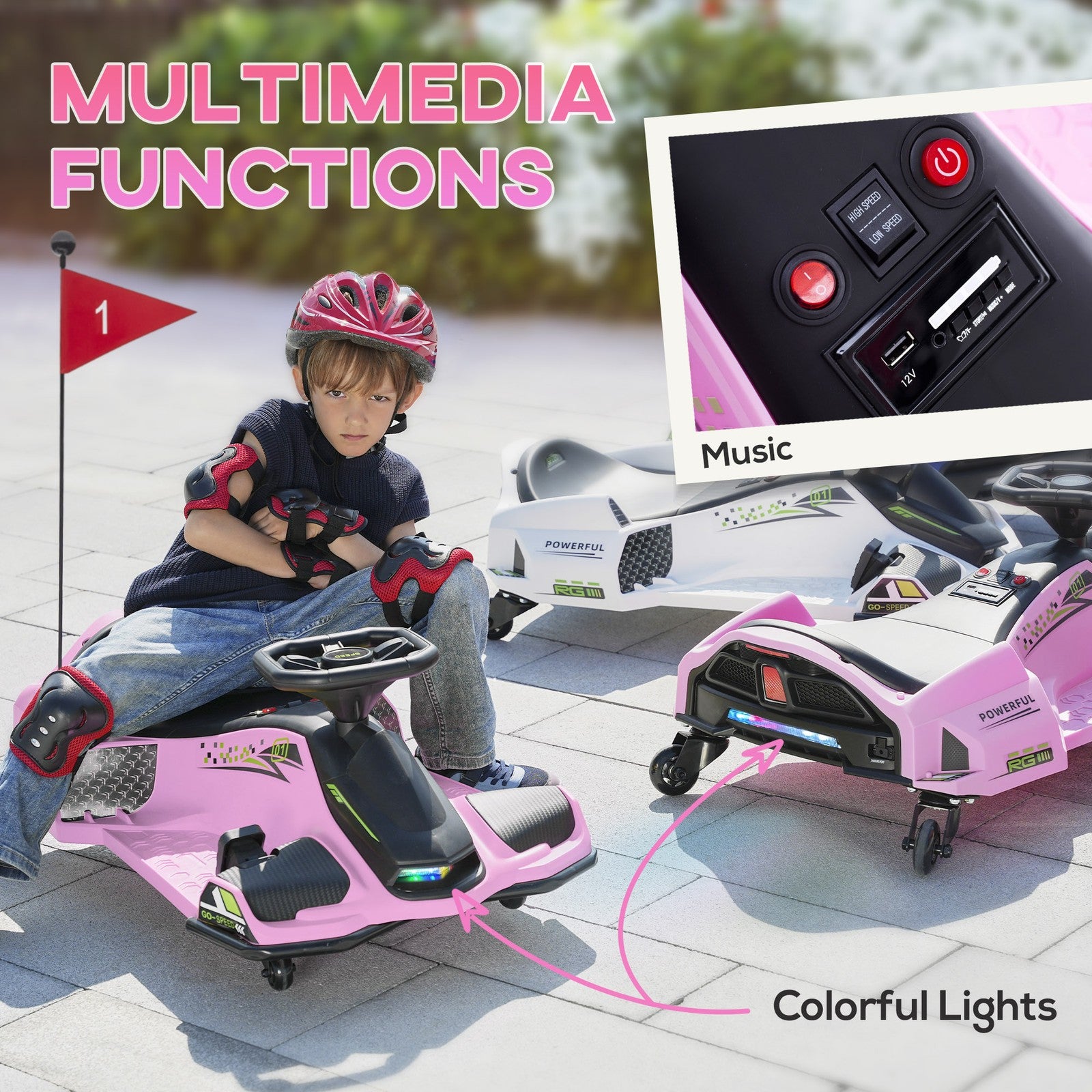 12V Electric Drifting Go Kart with Slow Start, Music, and Lights in Pink Trend Times 5
