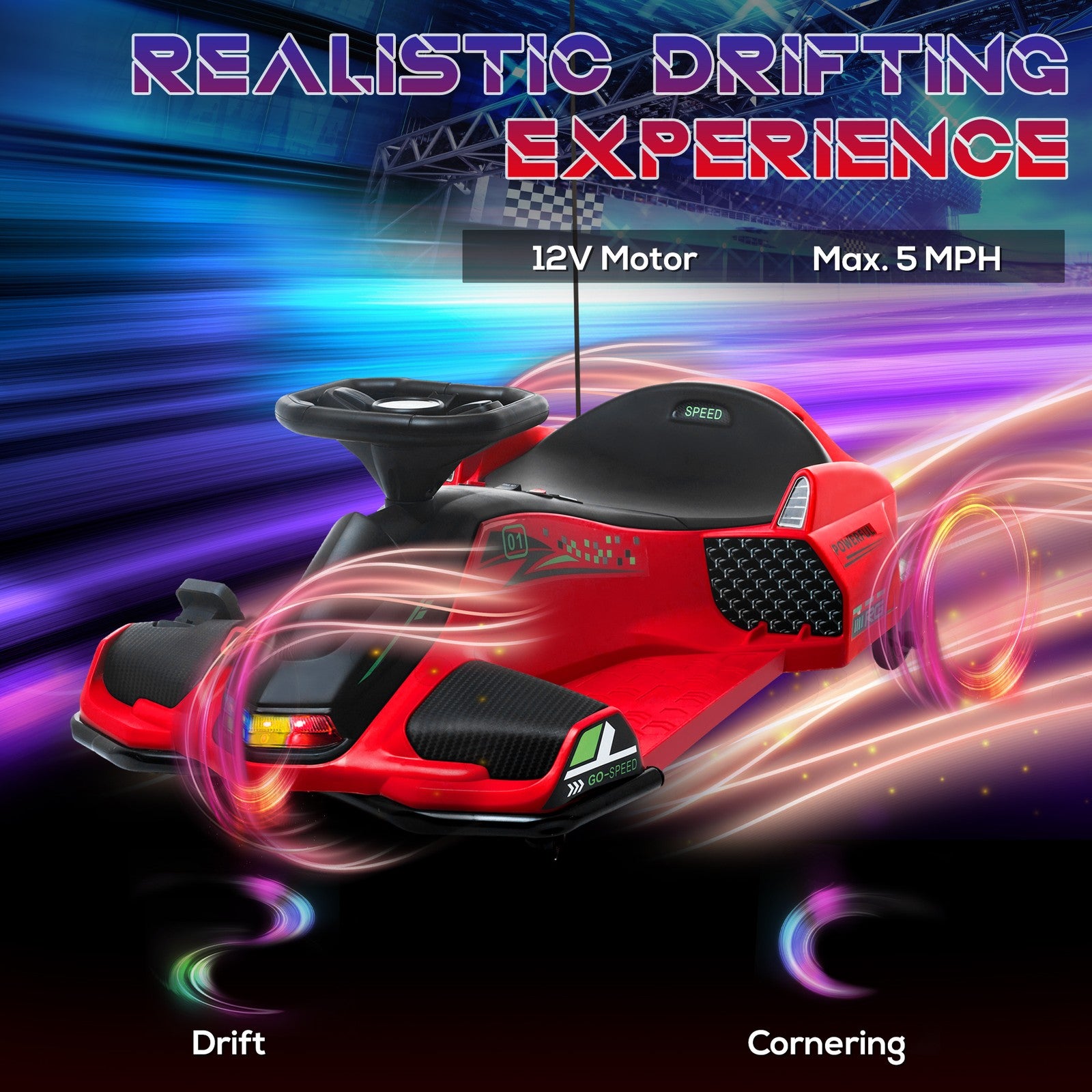 12V Electric Drifting Go Kart with Slow Start, Music, and Lights - Red Trend Times 4