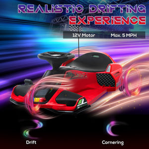 12V Electric Drifting Go Kart with Slow Start, Music, and Lights - Red Trend Times 4