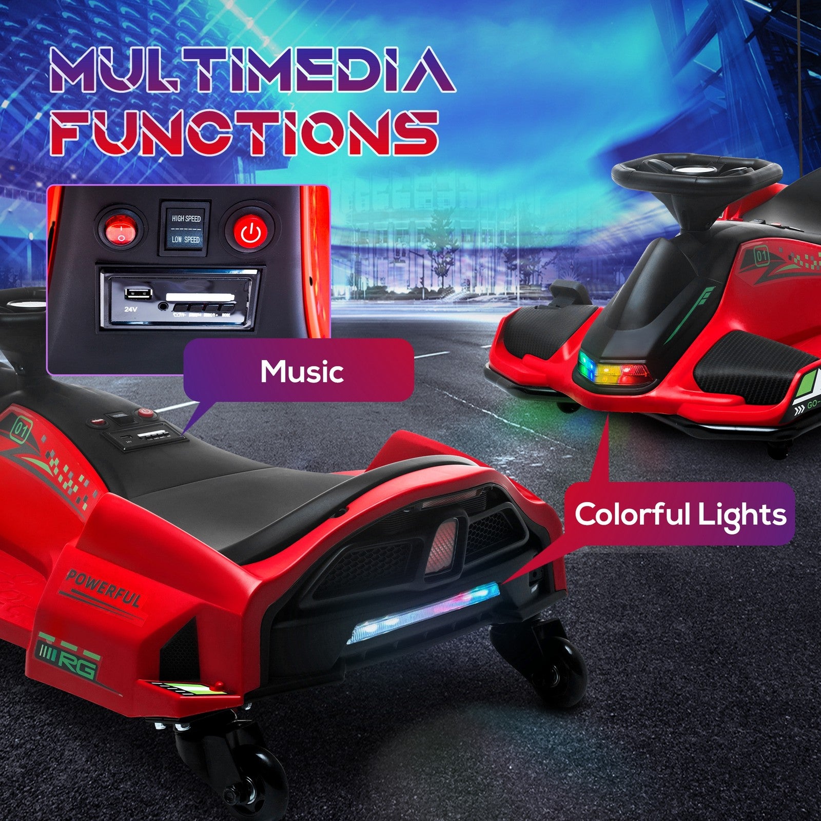 12V Electric Drifting Go Kart with Slow Start, Music, and Lights - Red Trend Times 5