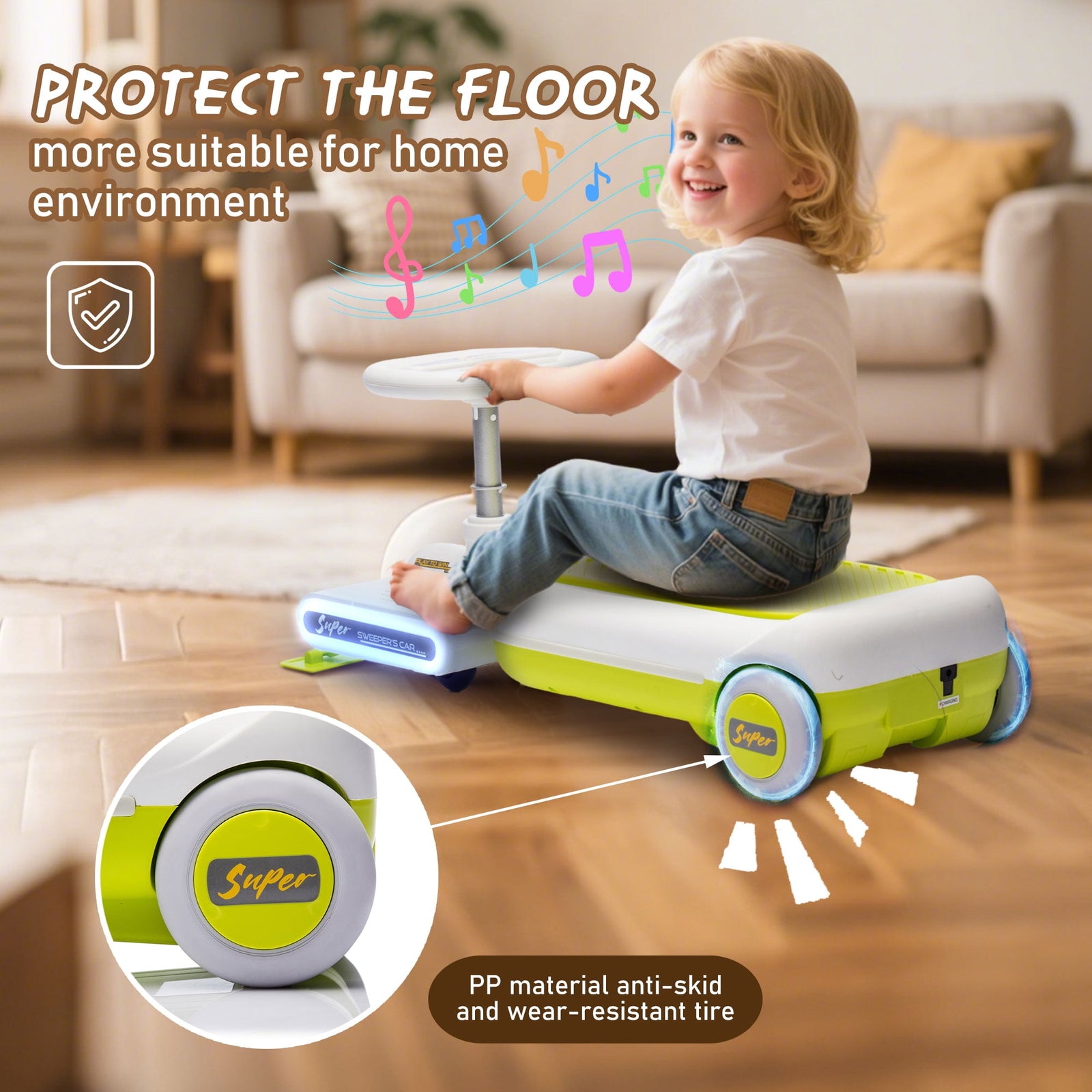 12V Electric Kids Ride-On Go Kart with LED Lights, Music, and Cleaning Mop – Green Trend Times 7