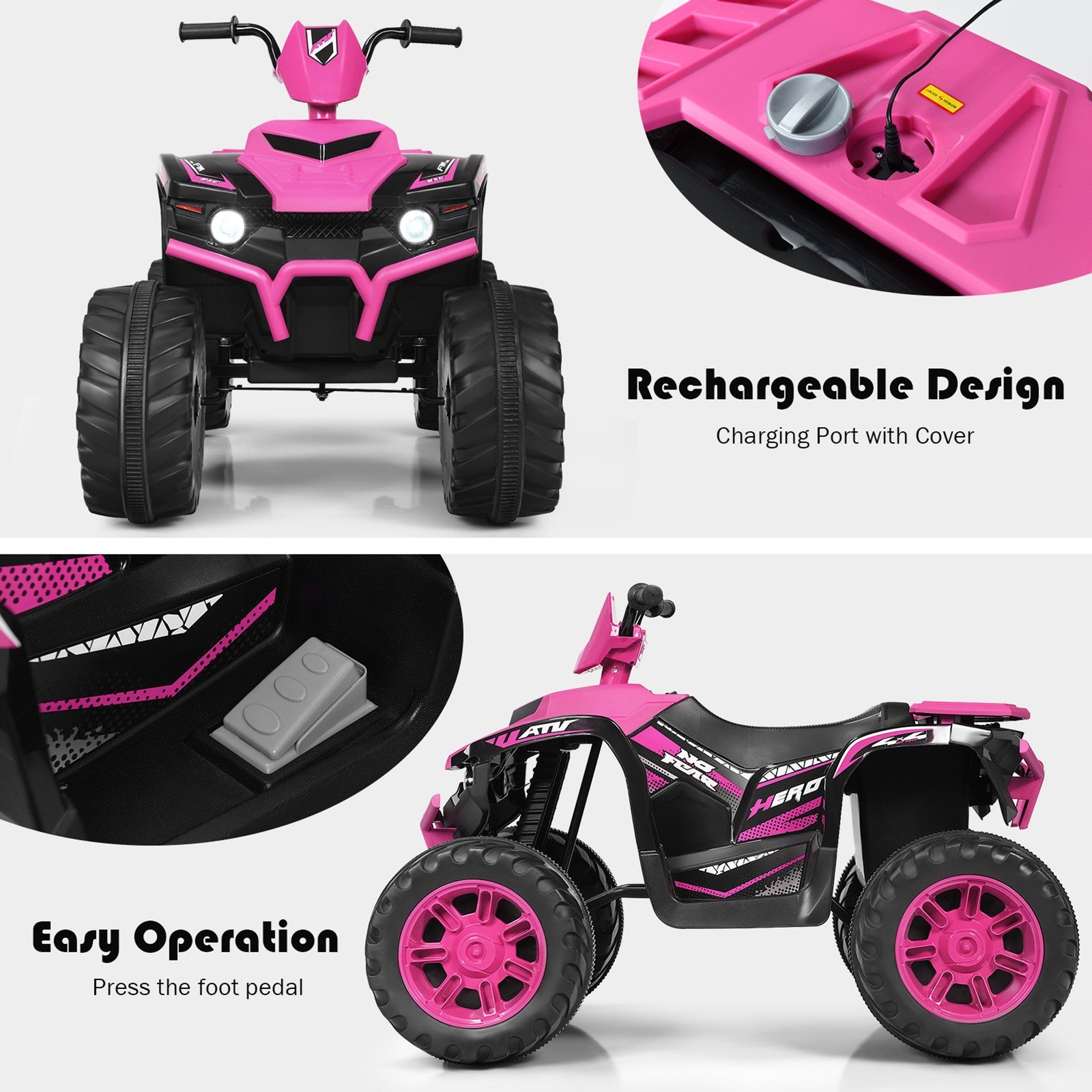 12V Electric Kids Ride-On 4 Wheeler ATV Quad with Music and LED Lights Pink Trend Times 7