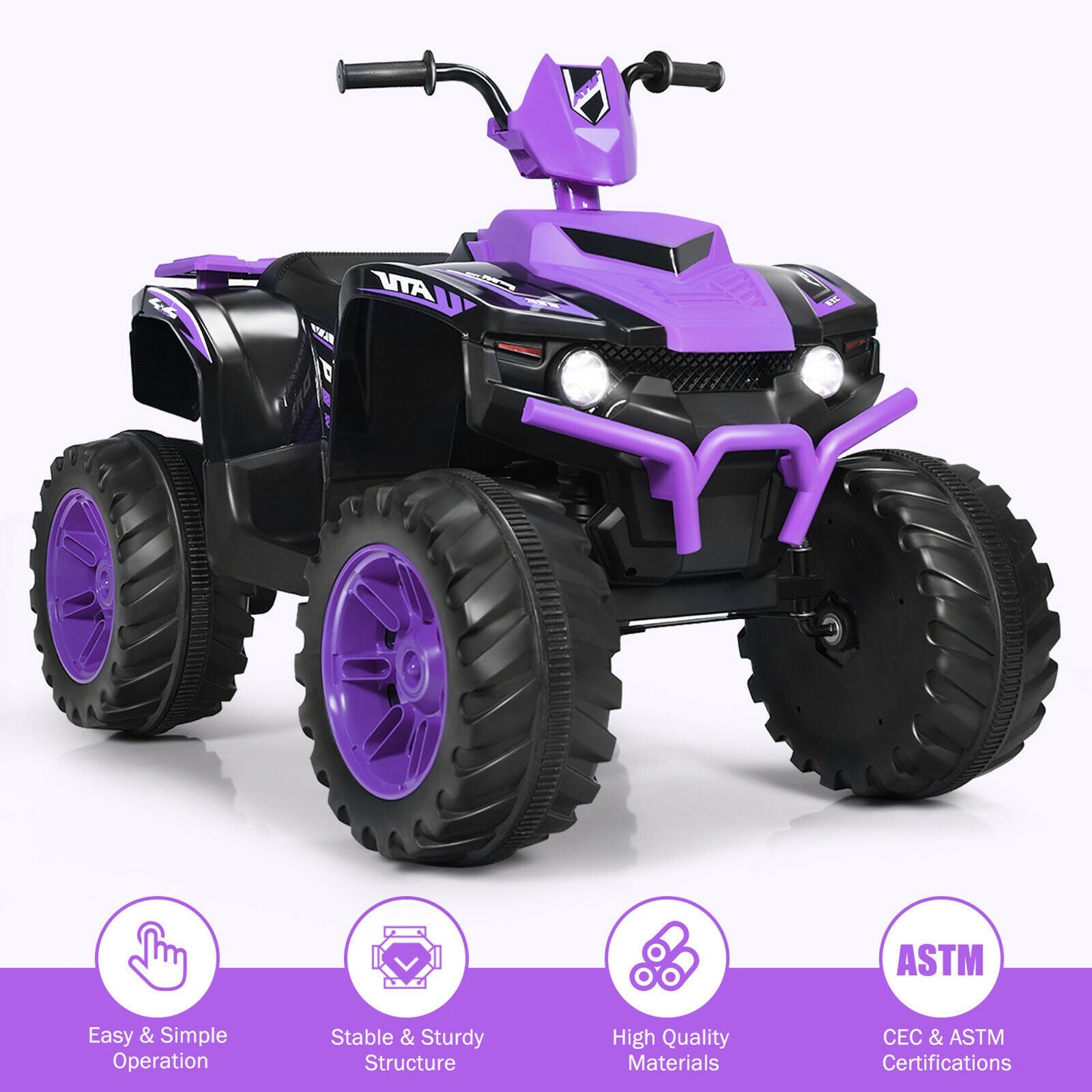 12V Electric Kids Ride-On ATV 4 Wheeler Quad with Music and LED Lights Purple Trend Times 3