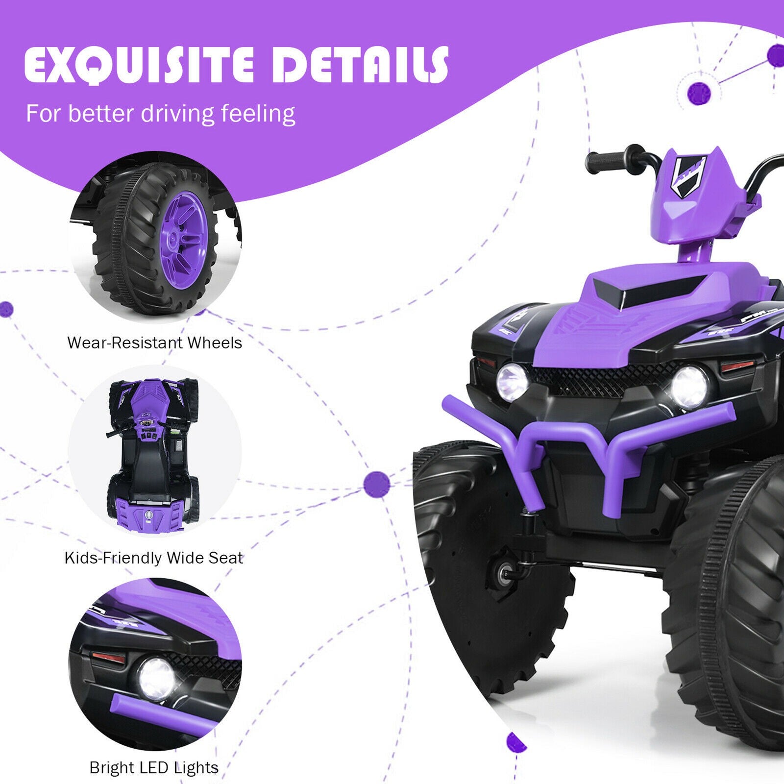 12V Electric Kids Ride-On ATV 4 Wheeler Quad with Music and LED Lights Purple Trend Times 5