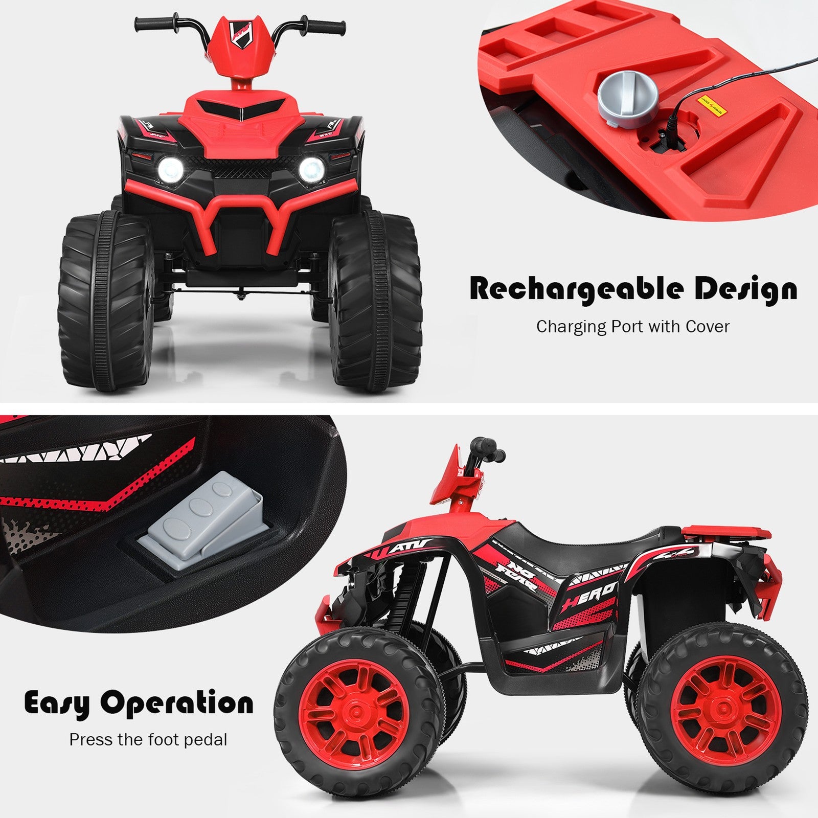 12V Electric Kids Ride-On 4 Wheeler ATV Quad with Music and LED Lights Red Trend Times 7