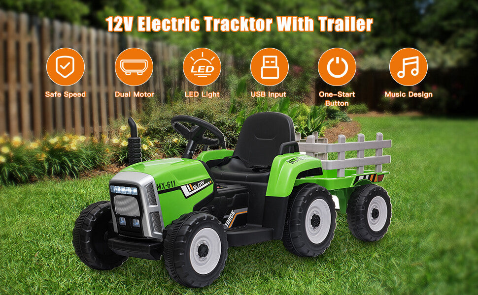 12V Battery-Powered Electric Ride-On Tractor with Trailer for Kids Trend Times 1