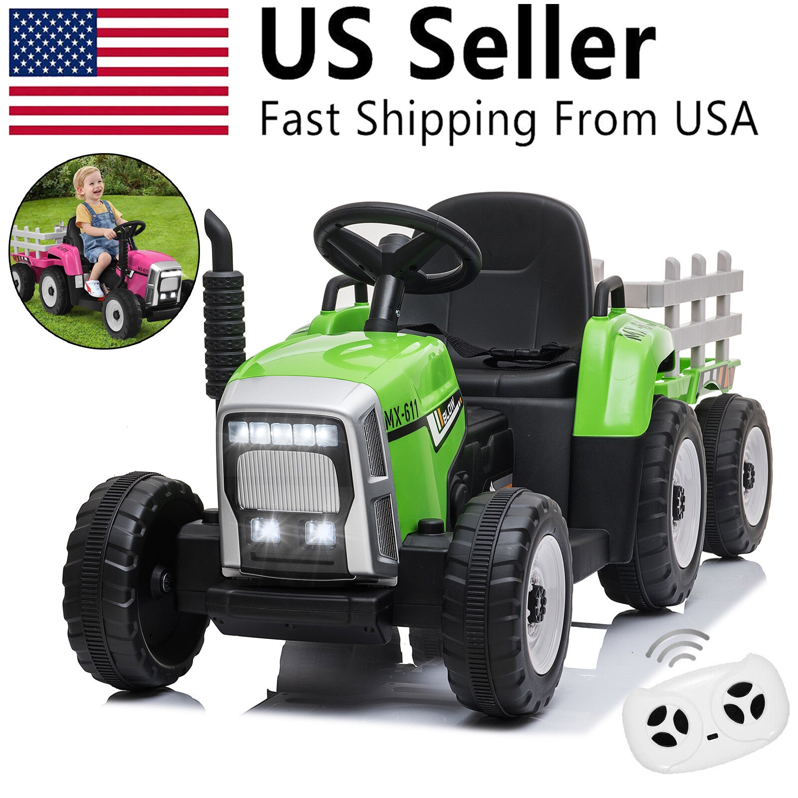 12V Electric Kids Ride On Tractor with Trailer Battery Powered Toy Car Trend Times 12