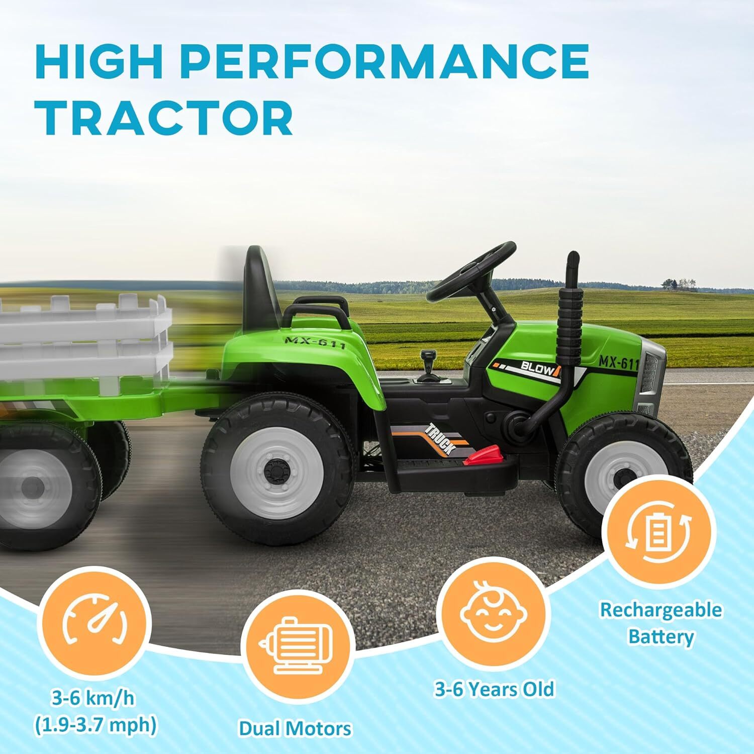 12V Electric Kids Ride On Tractor with Trailer Battery Powered Toy Car Trend Times 12