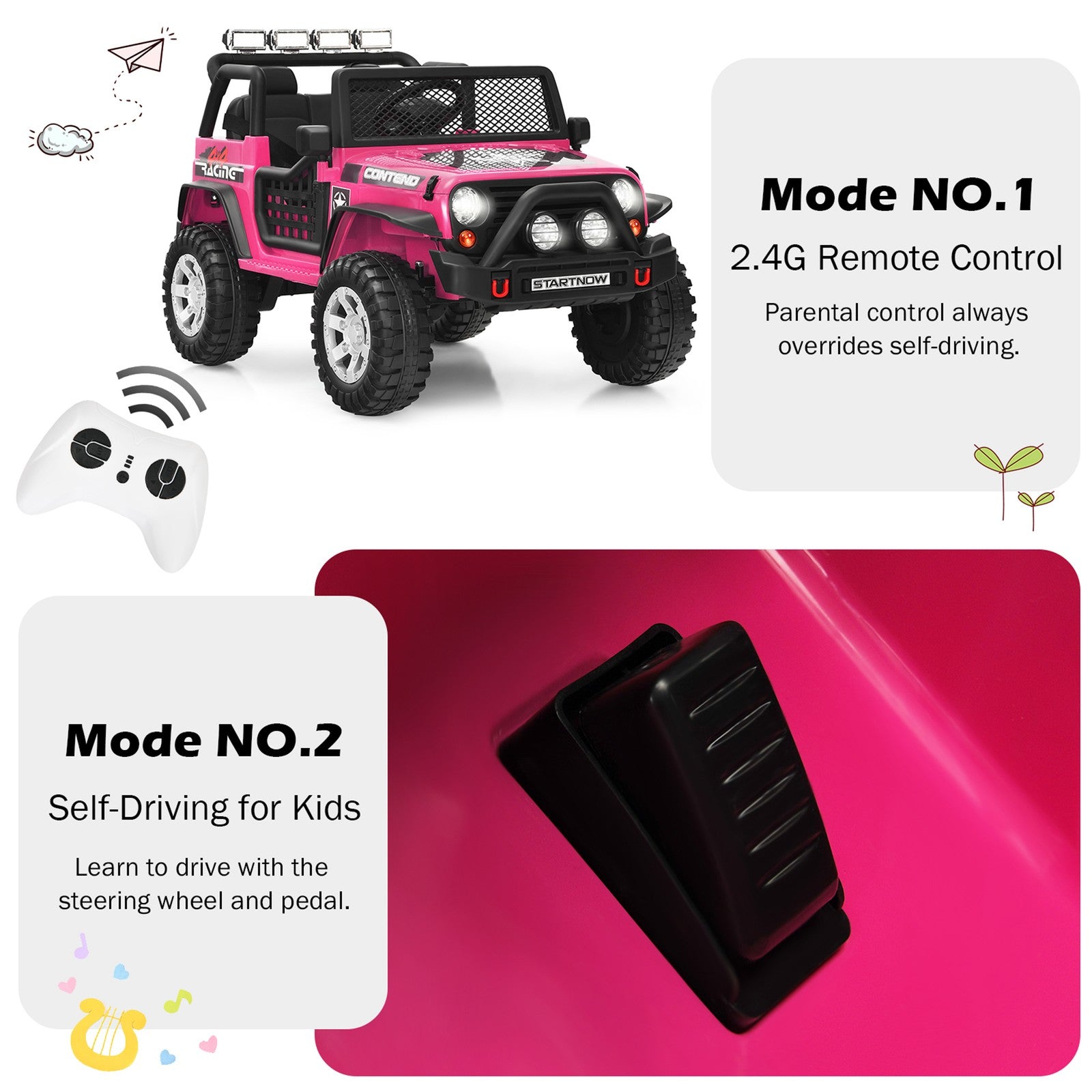 12V Electric Kids Ride-On Truck with MP3, Horn, and 2.4G Remote Control - Pink Trend Times 4