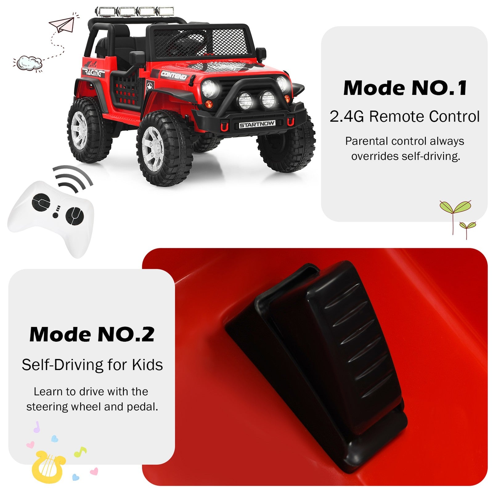 12V Electric Kids Ride-On Truck with MP3, Horn, and 2.4G Remote Control in Red Trend Times 4