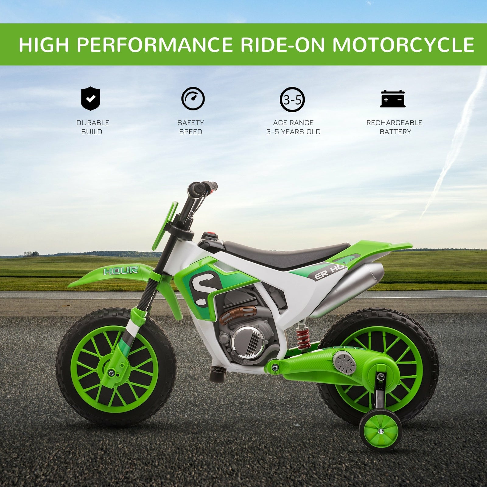 12V Electric Kids Ride-On Dirt Bike Motorcycle Toy with Training Wheels Green Trend Times 3