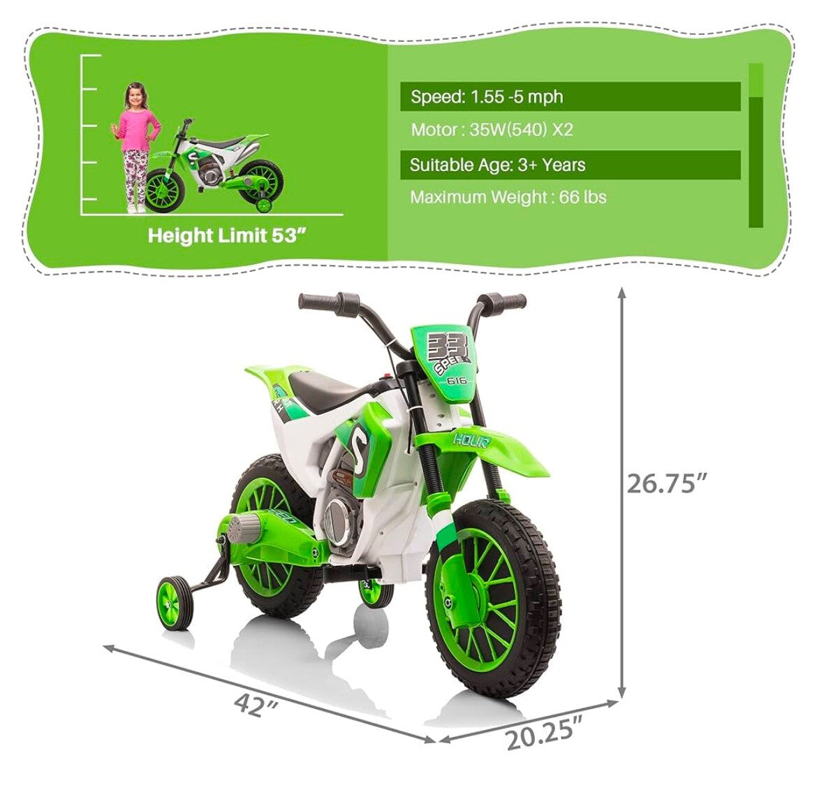 12V Electric Kids Ride-On Dirt Bike Motorcycle Toy with Training Wheels Green Trend Times 2
