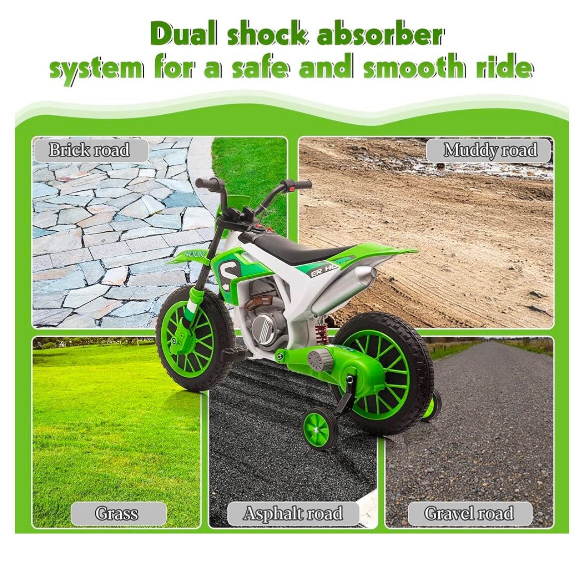 12V Electric Kids Ride-On Dirt Bike Motorcycle Toy with Training Wheels Green Trend Times 3