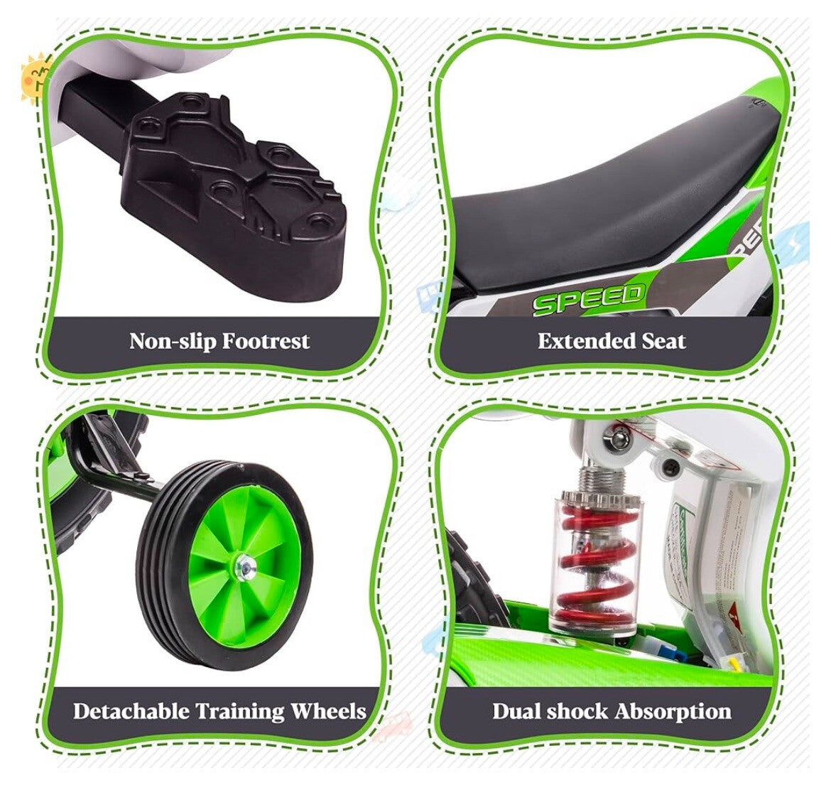 12V Electric Kids Ride-On Dirt Bike Motorcycle Toy with Training Wheels Green Trend Times 4