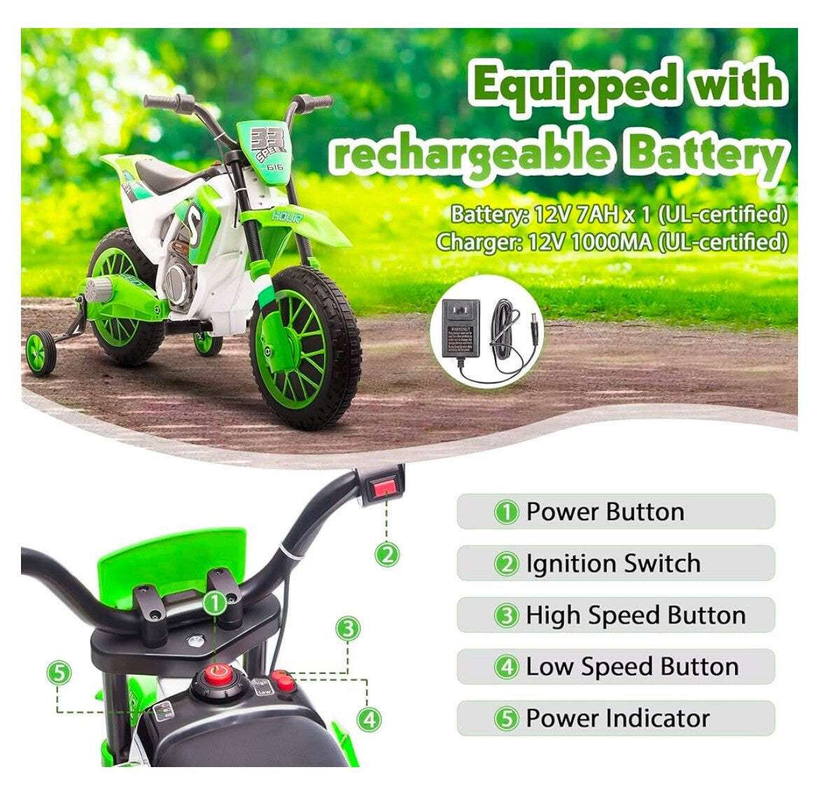 12V Electric Kids Ride-On Dirt Bike Motorcycle Toy with Training Wheels Green Trend Times 5