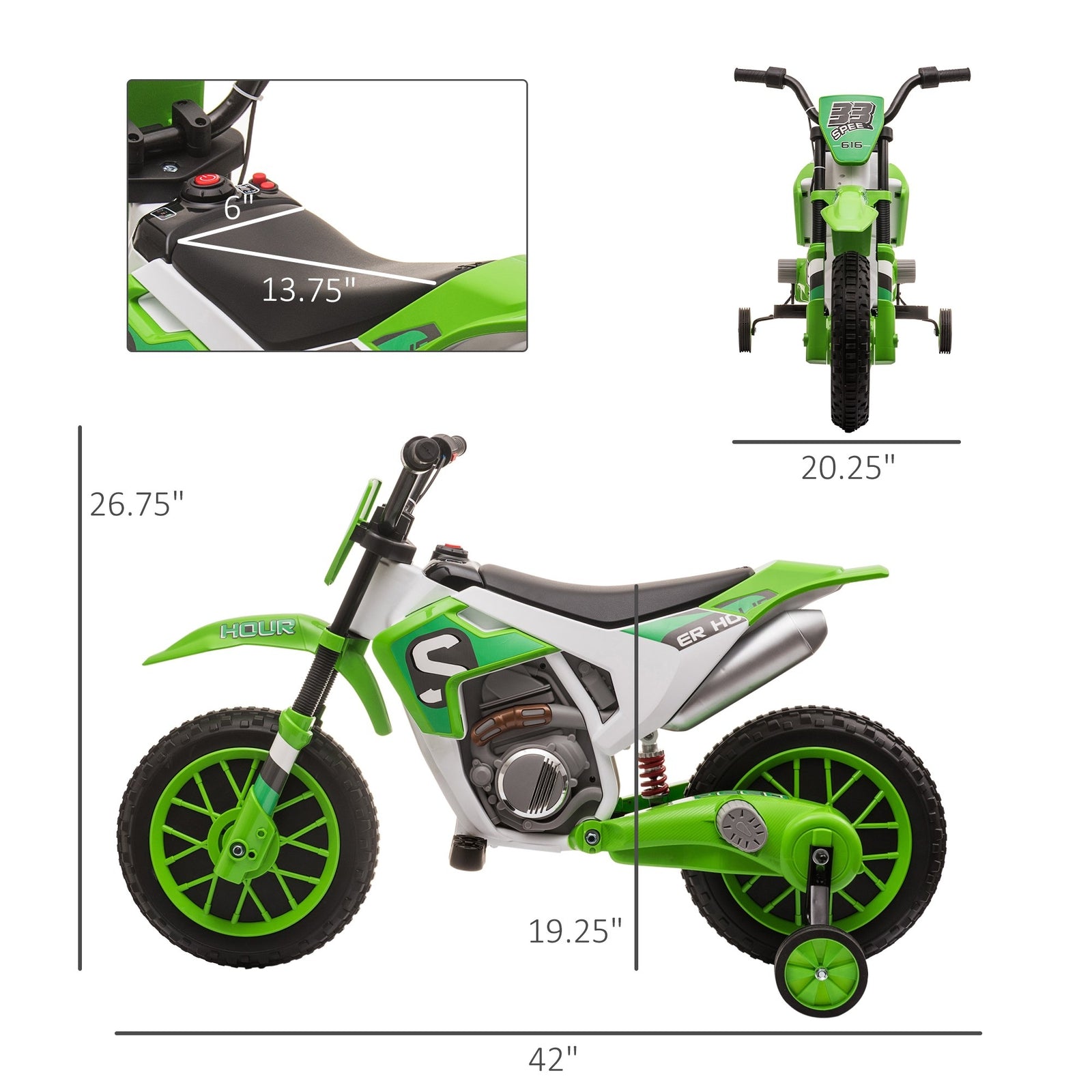 12V Electric Kids Ride-On Dirt Bike Motorcycle Toy with Training Wheels Green Trend Times 2