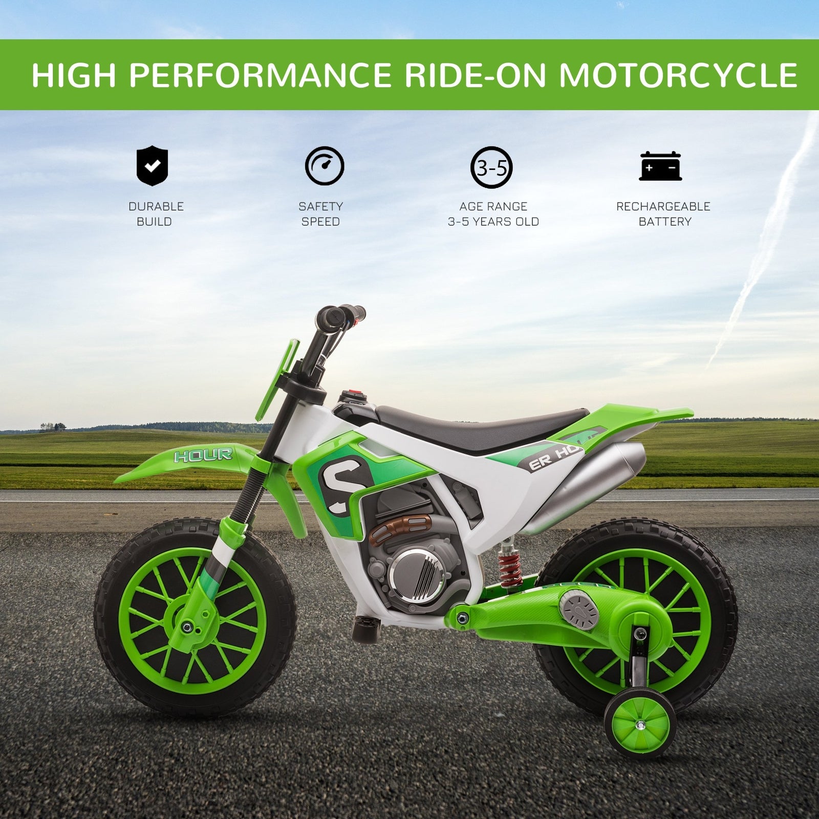 12V Electric Kids Ride-On Dirt Bike Motorcycle Toy with Training Wheels Green Trend Times 3