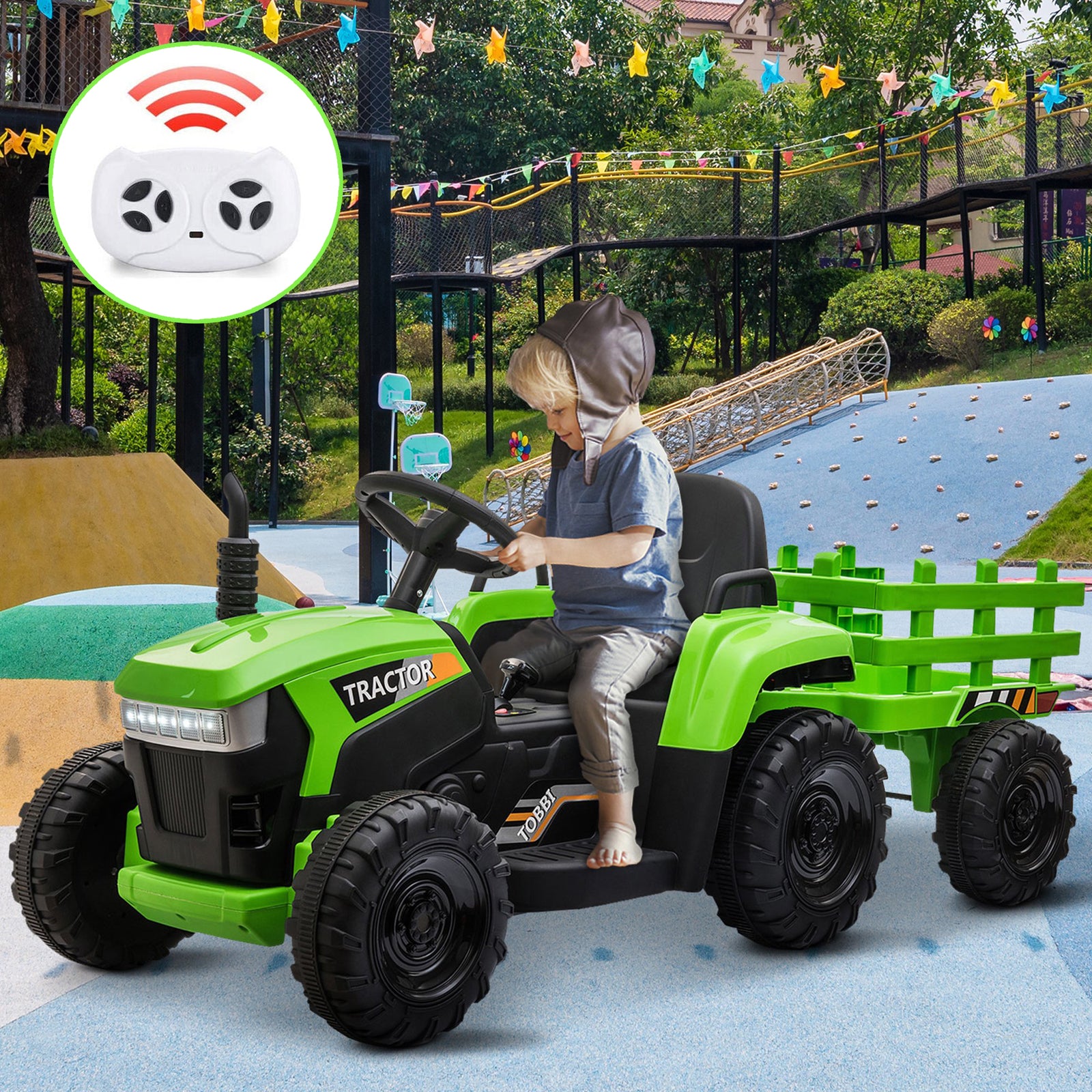 12V Battery-Powered Electric Ride-On Kids Tractor with Trailer Toy Trend Times 0