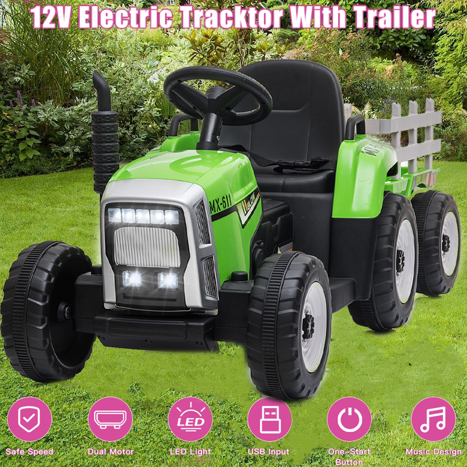 12V Battery-Powered Electric Ride-On Tractor with Trailer for Kids Trend Times 0