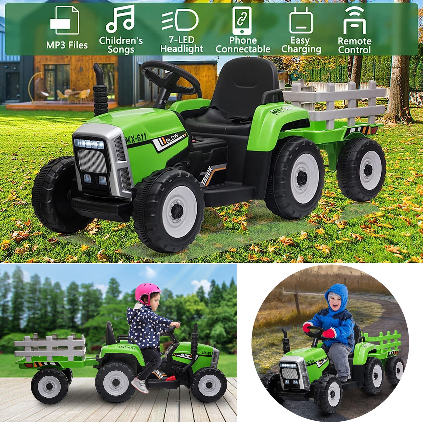 12V Battery-Powered Electric Ride-On Tractor with Trailer for Kids Christmas Gift Trend Times Variant 0