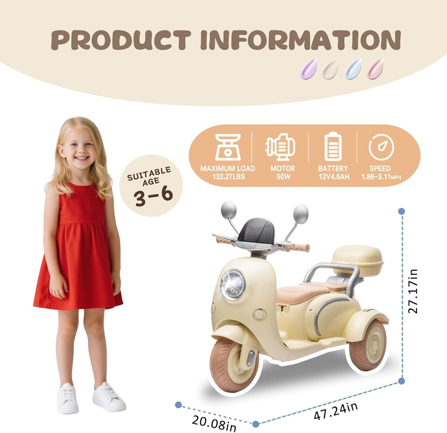 12V Electric 3-Wheel Ride-On Motorcycle Tricycle for Kids Ages 3-6 with 1.86-3.11 MPH Speed Trend Times 21