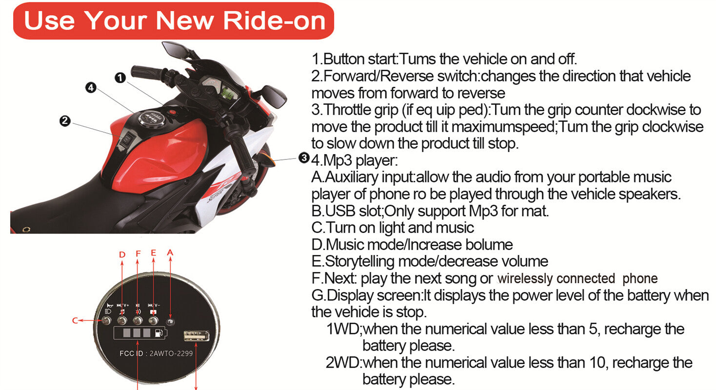 12V Rechargeable Electric Ride-On Motorcycle Toy Bike 1.8-3.2 MPH for Ages 3-6 Trend Times 4