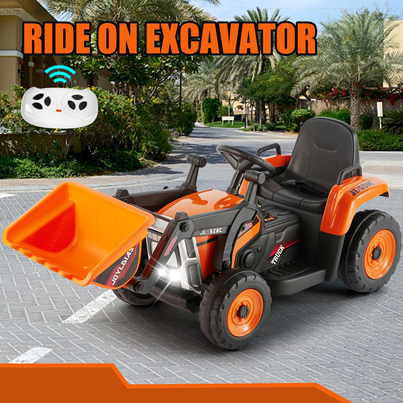 12V Orange Electric Ride-On Excavator Truck with 3 Speeds, Music, Lights, and Remote Control Trend Times 0
