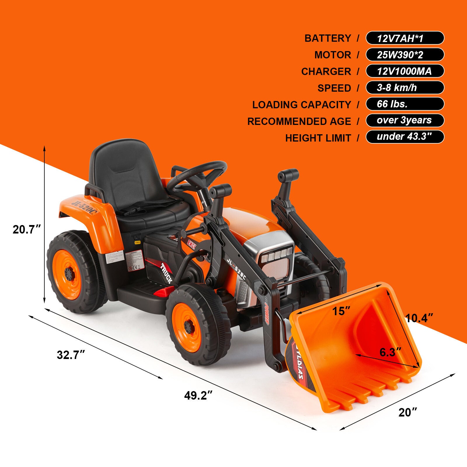 12V Orange Electric Ride-On Excavator Truck with 3 Speeds, Music, Lights, and Remote Control Trend Times 1