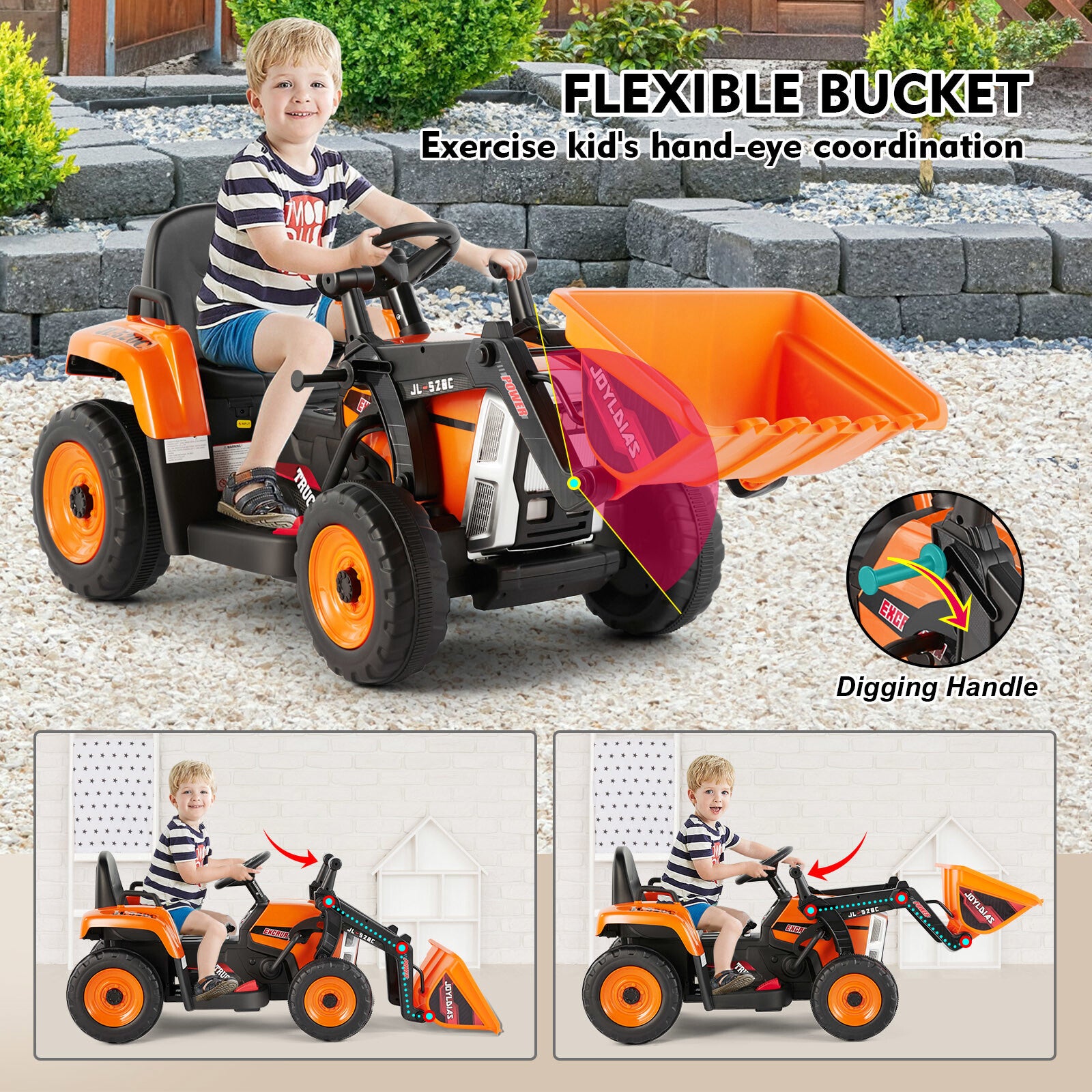 12V Orange Electric Ride-On Excavator Truck with 3 Speeds, Music, Lights, and Remote Control Trend Times 5