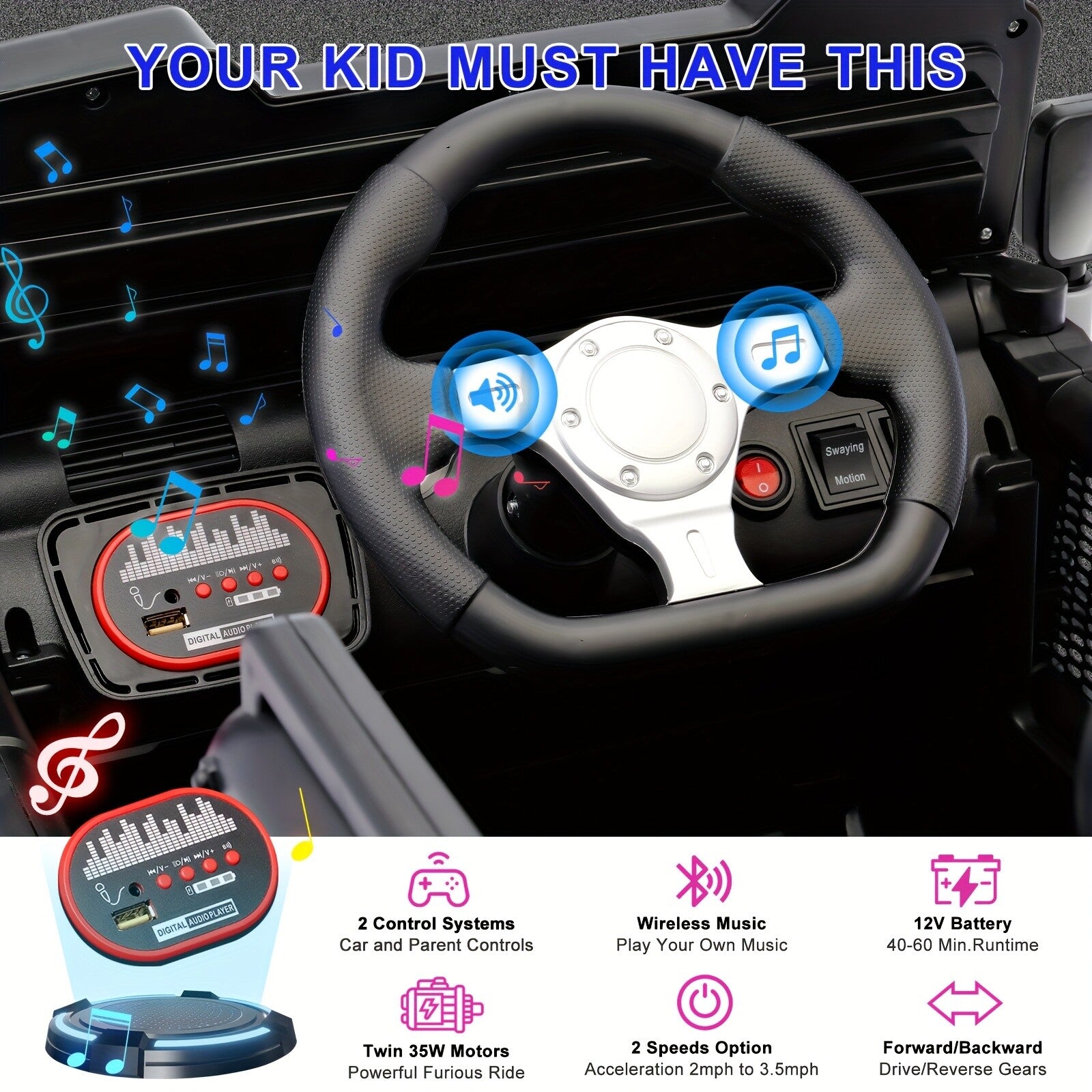12V Electric Ride-On Car for Kids with Remote Control, Music, LED Lights, and 3 Speeds – Blue Trend Times 3