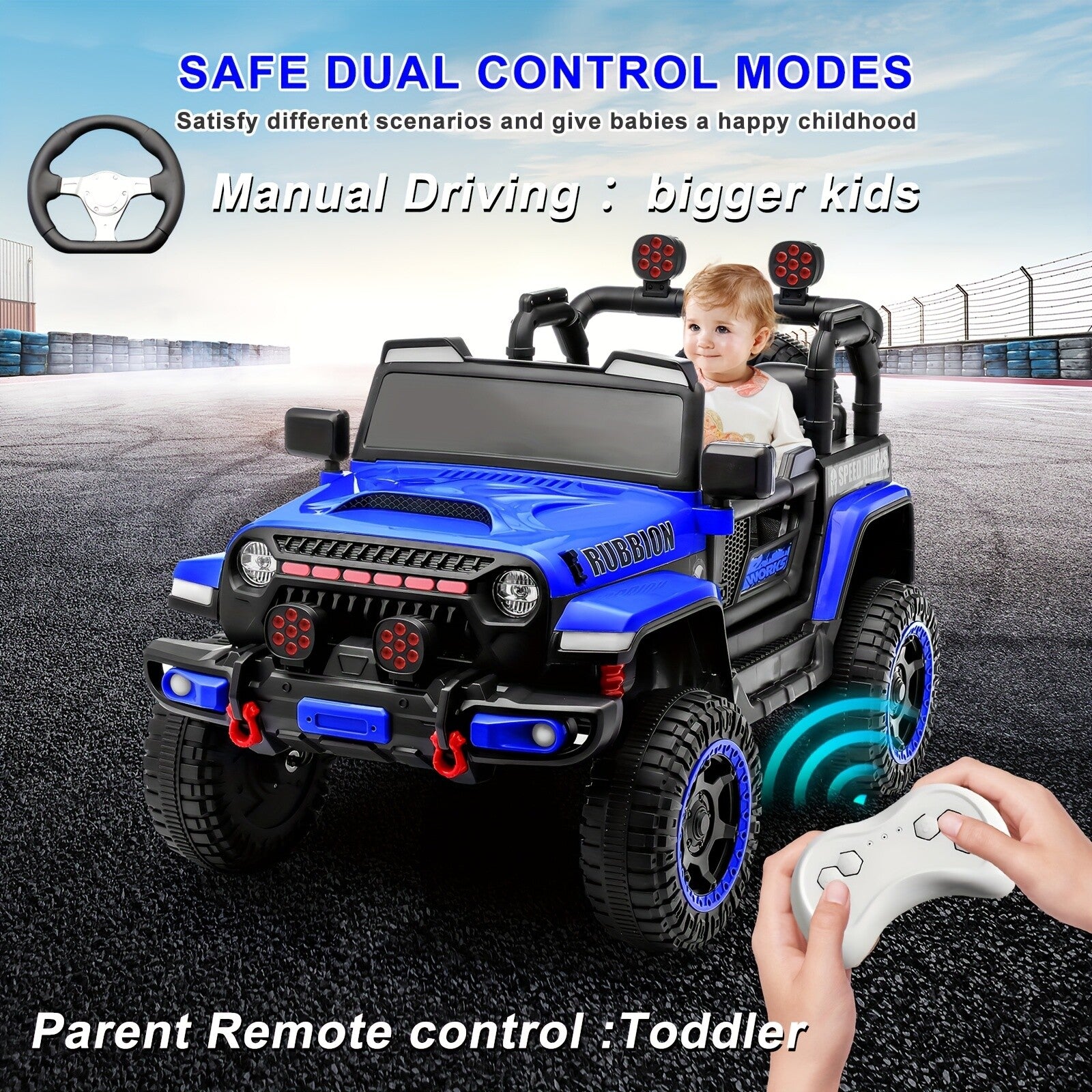 12V Electric Ride-On Car for Kids with Remote Control, Music, LED Lights, and 3 Speeds – Blue Trend Times 4