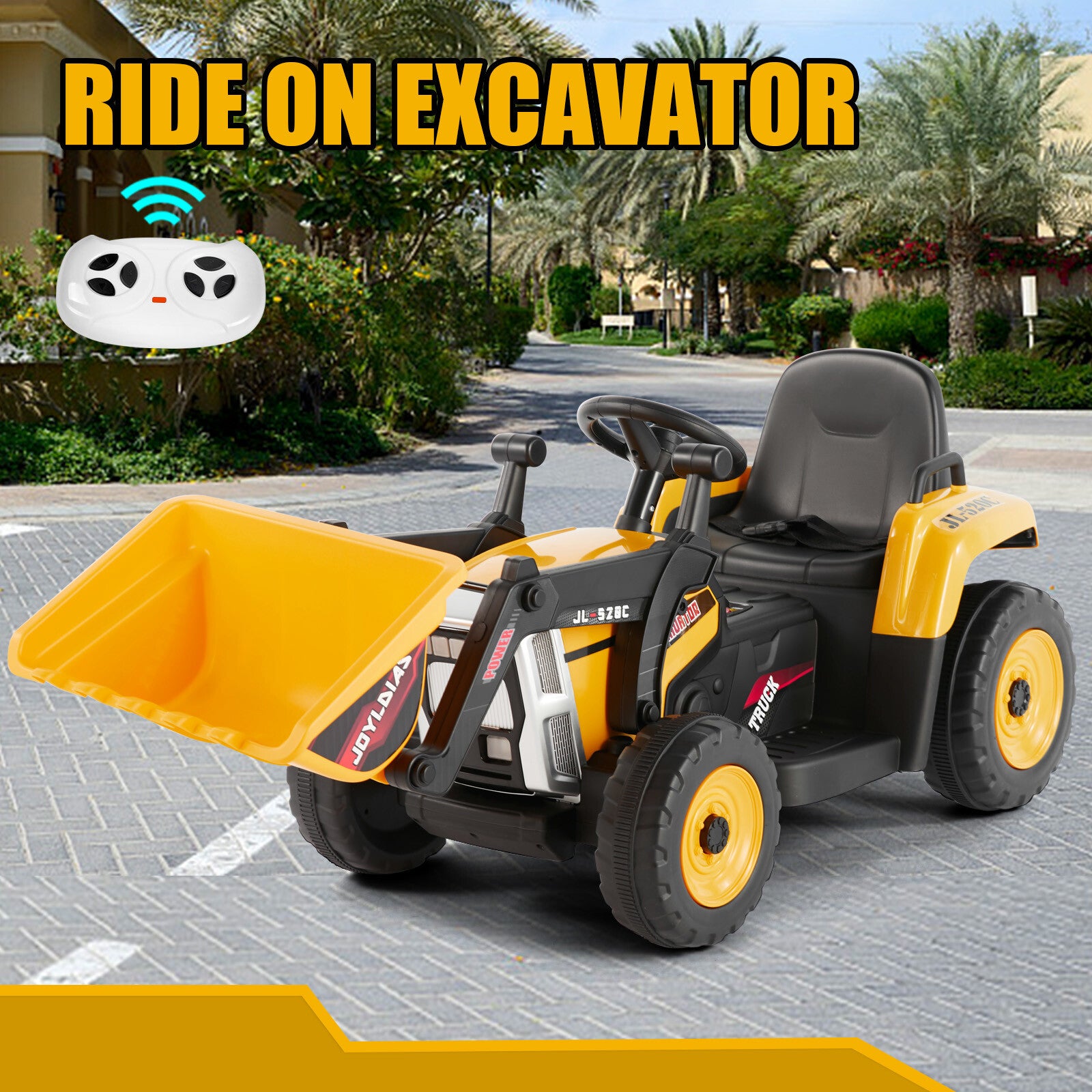 12V Electric Ride-On Excavator Digger with 3 Speeds Bluetooth Music Lights and Remote Control Yellow Trend Times 0
