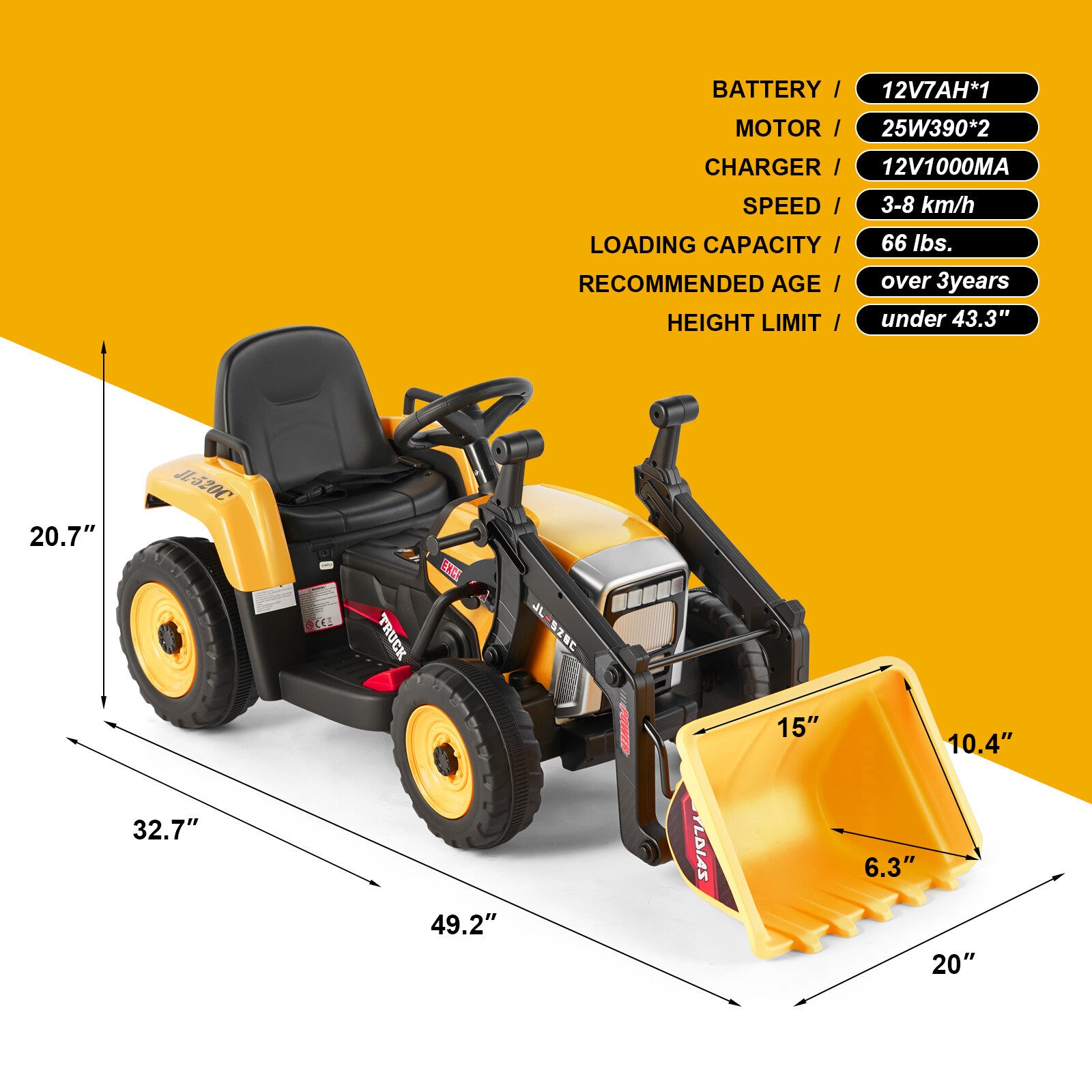 12V Electric Ride-On Excavator Digger with 3 Speeds Bluetooth Music Lights and Remote Control Yellow Trend Times 1