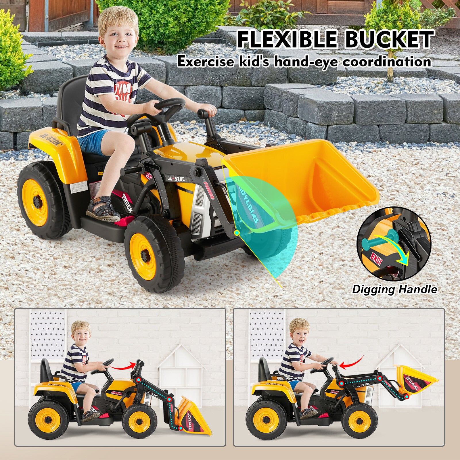 12V Electric Ride-On Excavator Digger with 3 Speeds Bluetooth Music Lights and Remote Control Yellow Trend Times 3