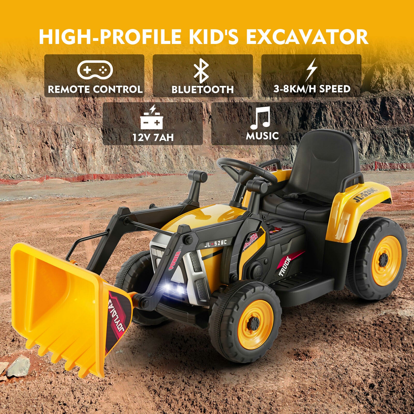 12V Electric Ride-On Excavator Digger with 3 Speeds Bluetooth Music Lights and Remote Control Yellow Trend Times 8