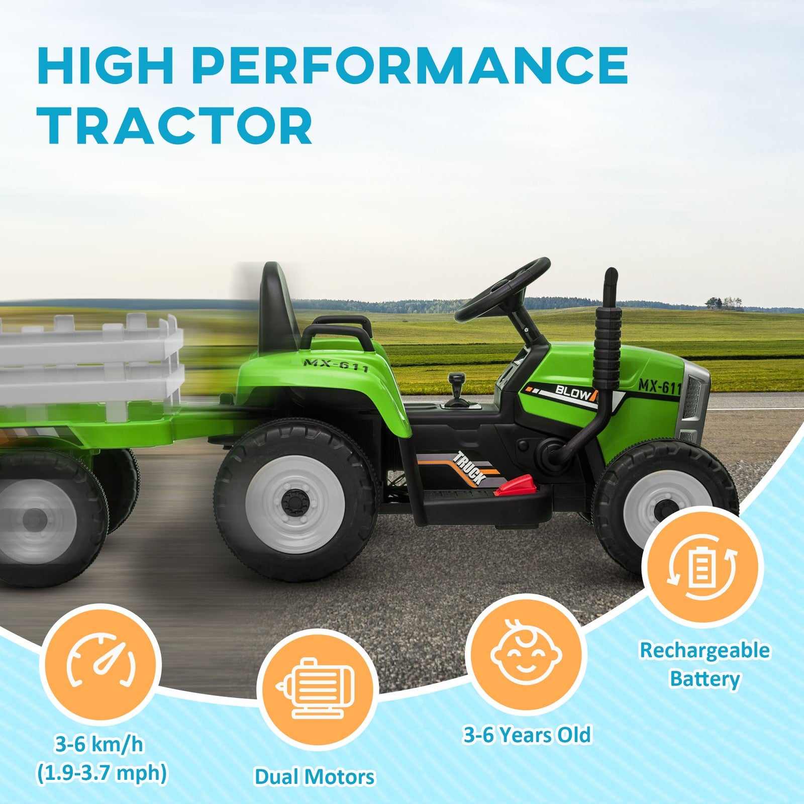 12V Electric Ride-On Tractor with Trailer and 25W Dual Motors in Green Trend Times 9