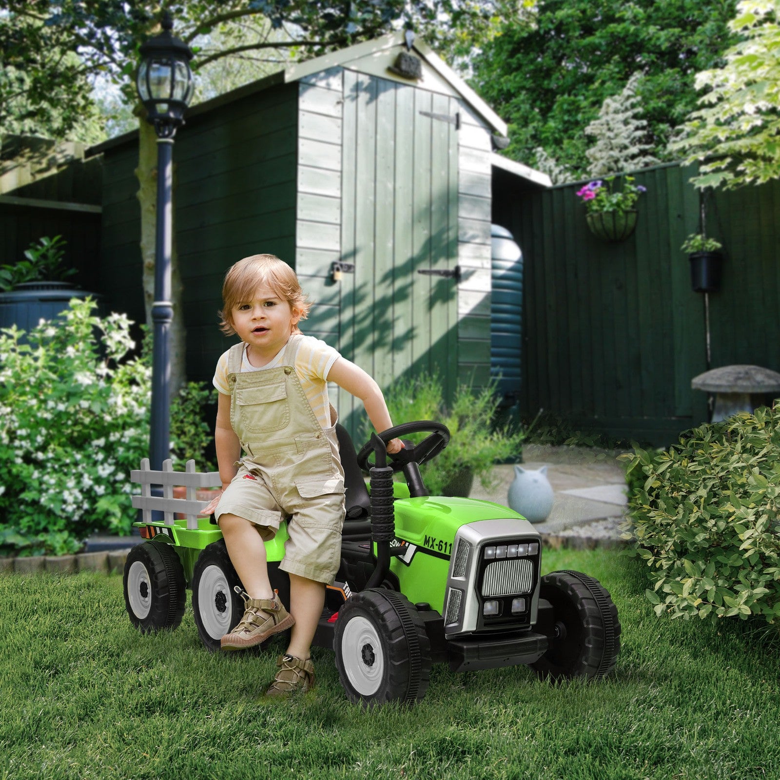 12V Electric Ride-On Tractor with Trailer, 25W Dual Motors, Green Trend Times 8