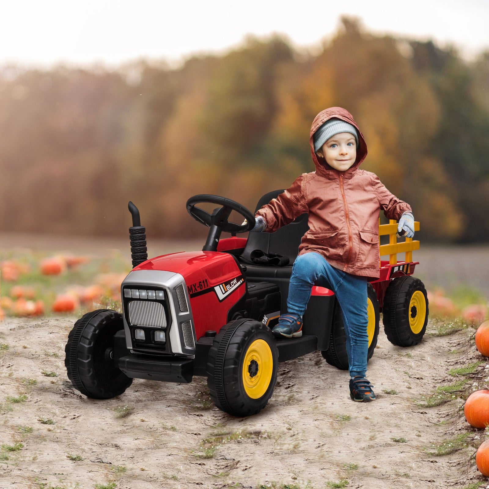 12V Electric Ride-On Tractor with Trailer, 25W Dual Motors, Red Trend Times 0