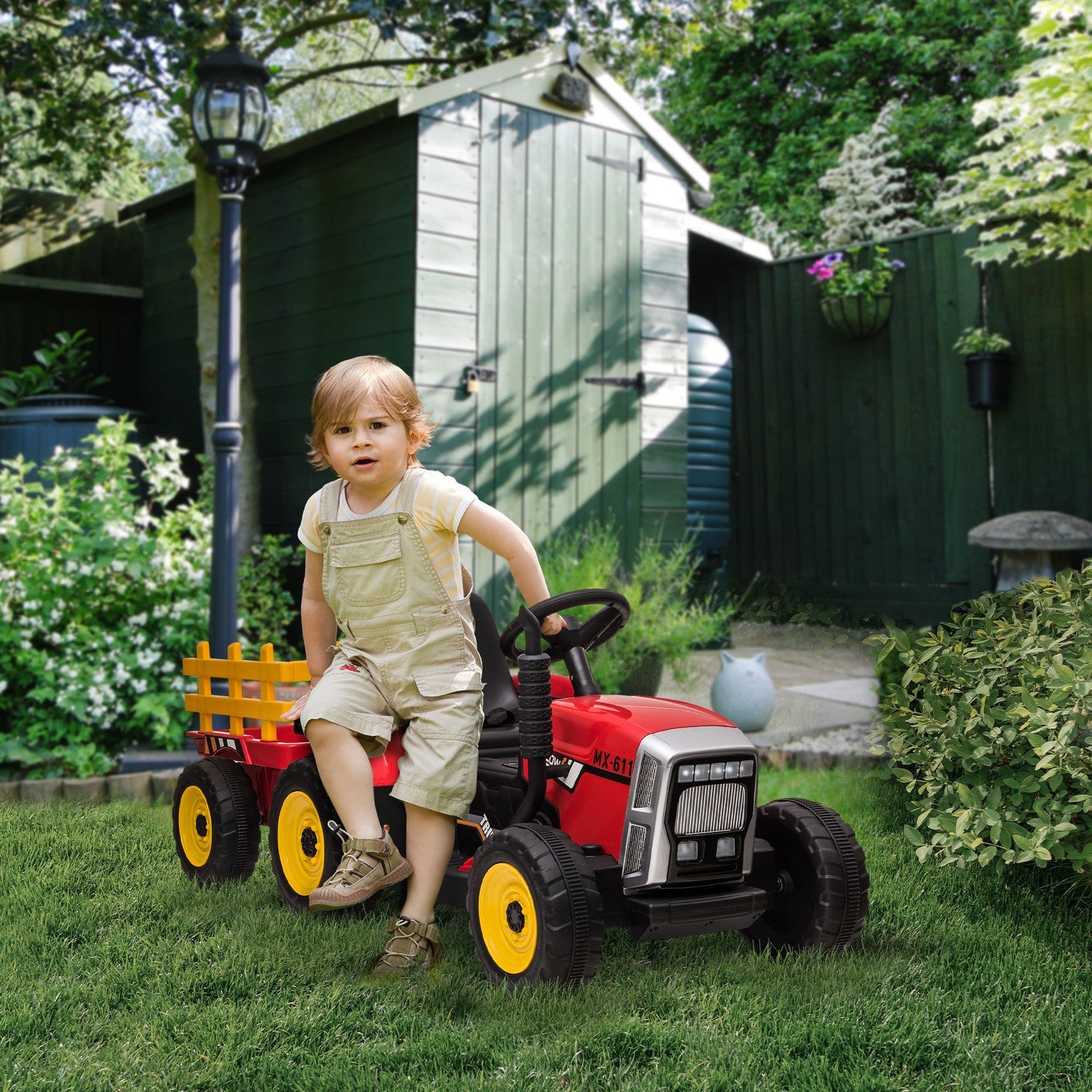 12V Electric Ride-On Tractor with Trailer, 25W Dual Motors, Red Trend Times 8