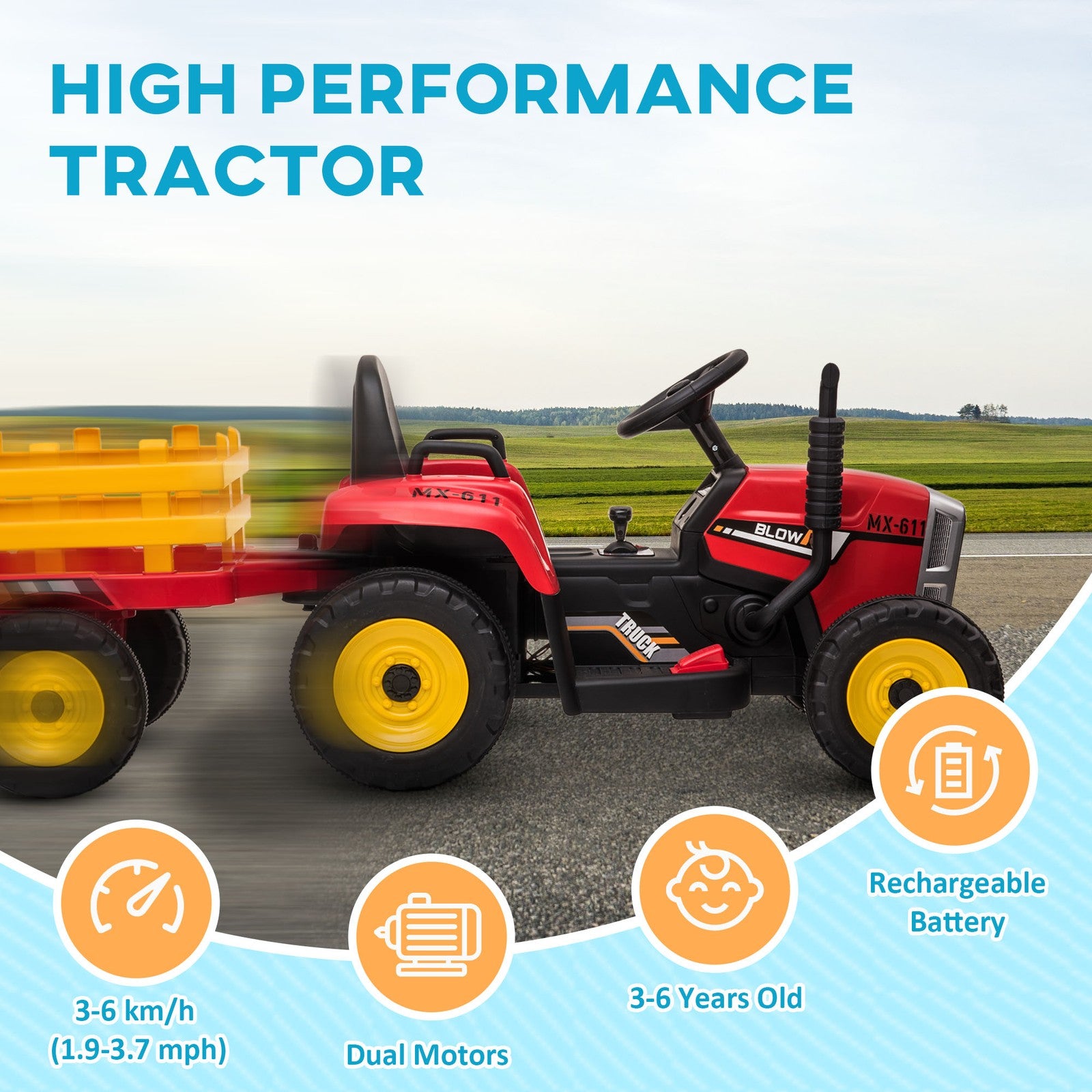 12V Electric Ride-On Tractor with Trailer, 25W Dual Motors, Red Trend Times 9